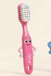 Brushy, a smiling pink toothbrush