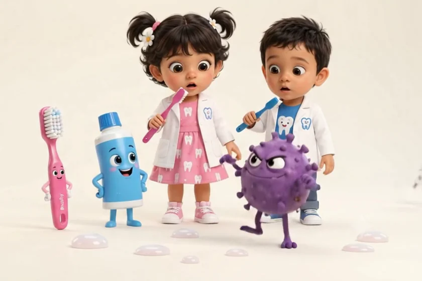 Chuttika and Kuttan look surprised as Plaqo, the purple plaque germ, runs in beside Brushy and Pasty
