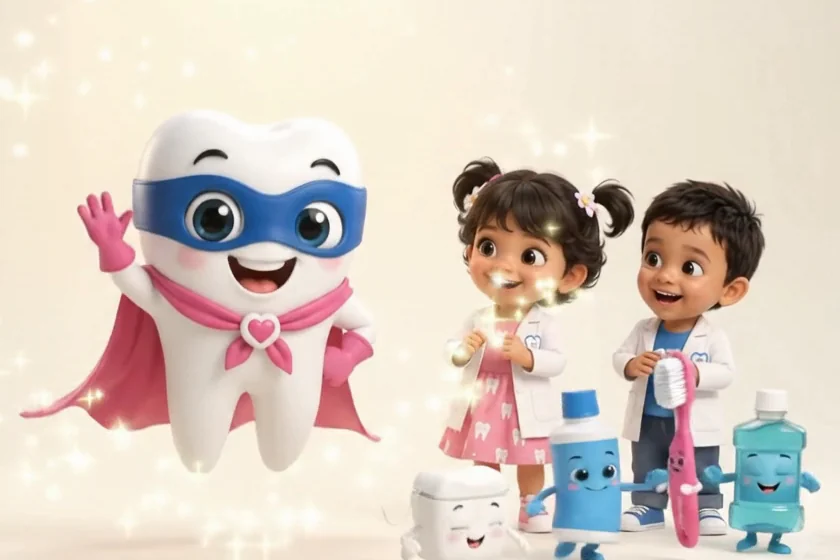 Chutti the tooth superhero flies in with sparkles as the children and helpers cheer