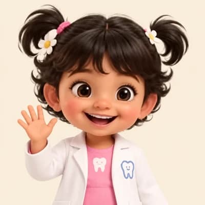 Chuttika, a little girl in pigtails and a white doctor’s coat, brushing her teeth