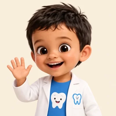 Kuttan, a young boy in a white coat brushing his teeth with a blue toothbrush