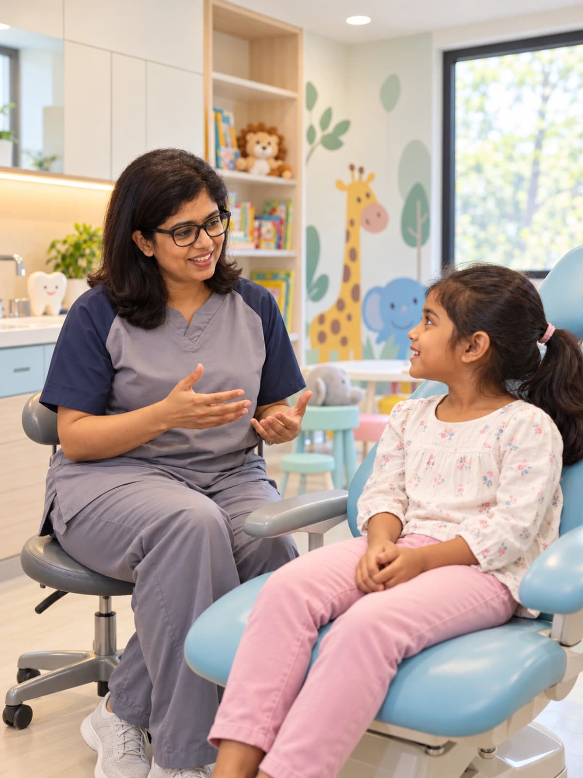 Dr. Bhuvanesswari with a child patient at Chutti's Dental