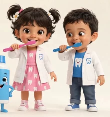 Chuttika and Kuttan in little white coats, happily brushing their teeth