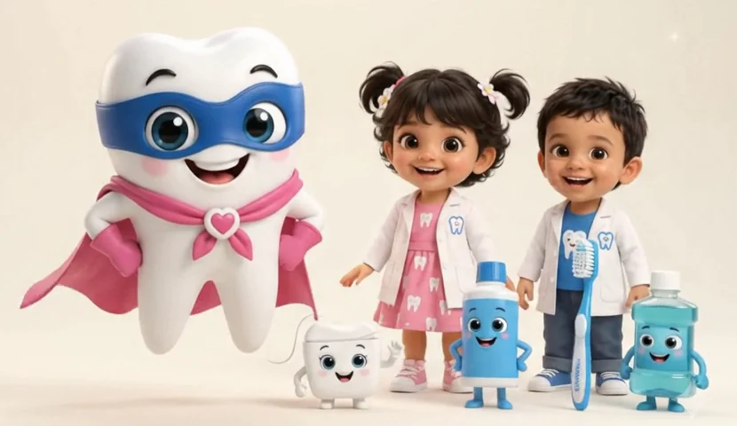 Chutti the tooth superhero with Chuttika, Kuttan, Flossy, Pasty, Brushy and Rinsey