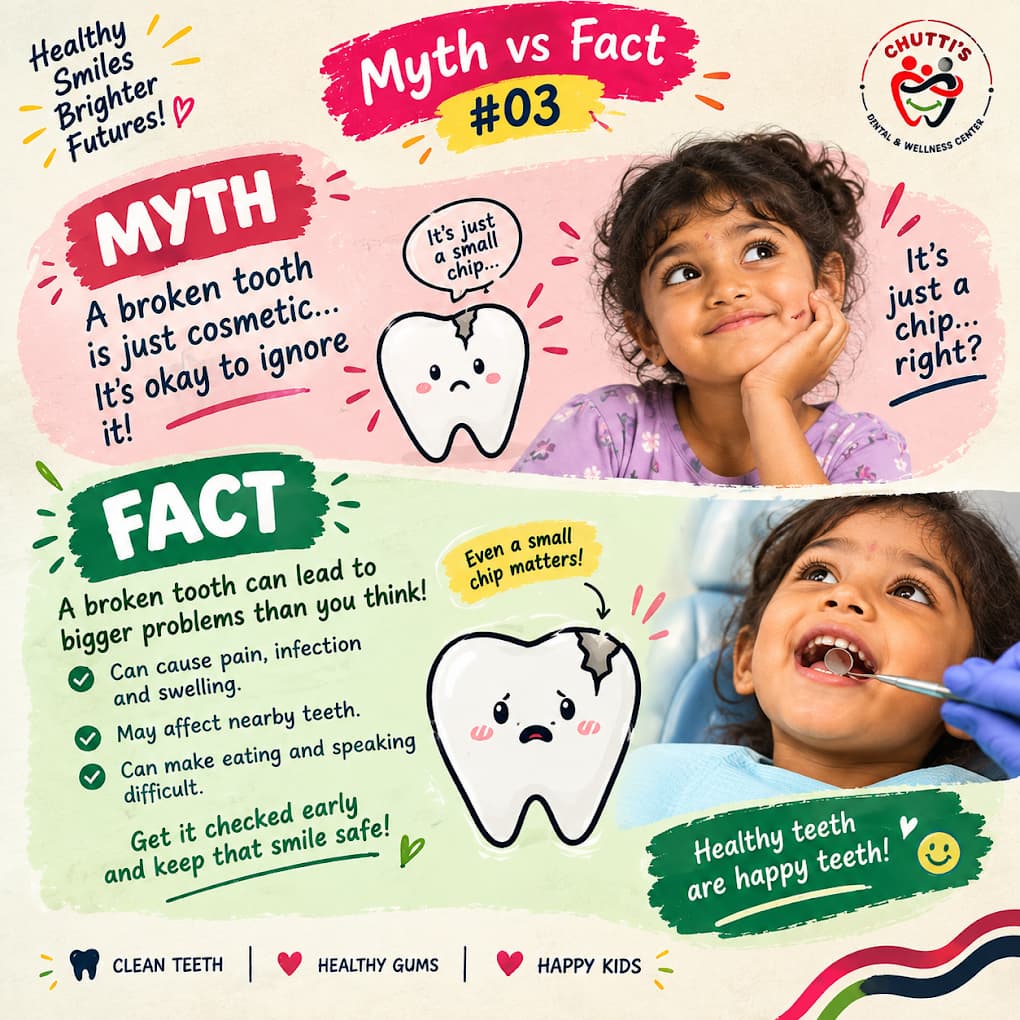 Myth vs Fact card: a broken tooth is not just cosmetic, so get it checked early